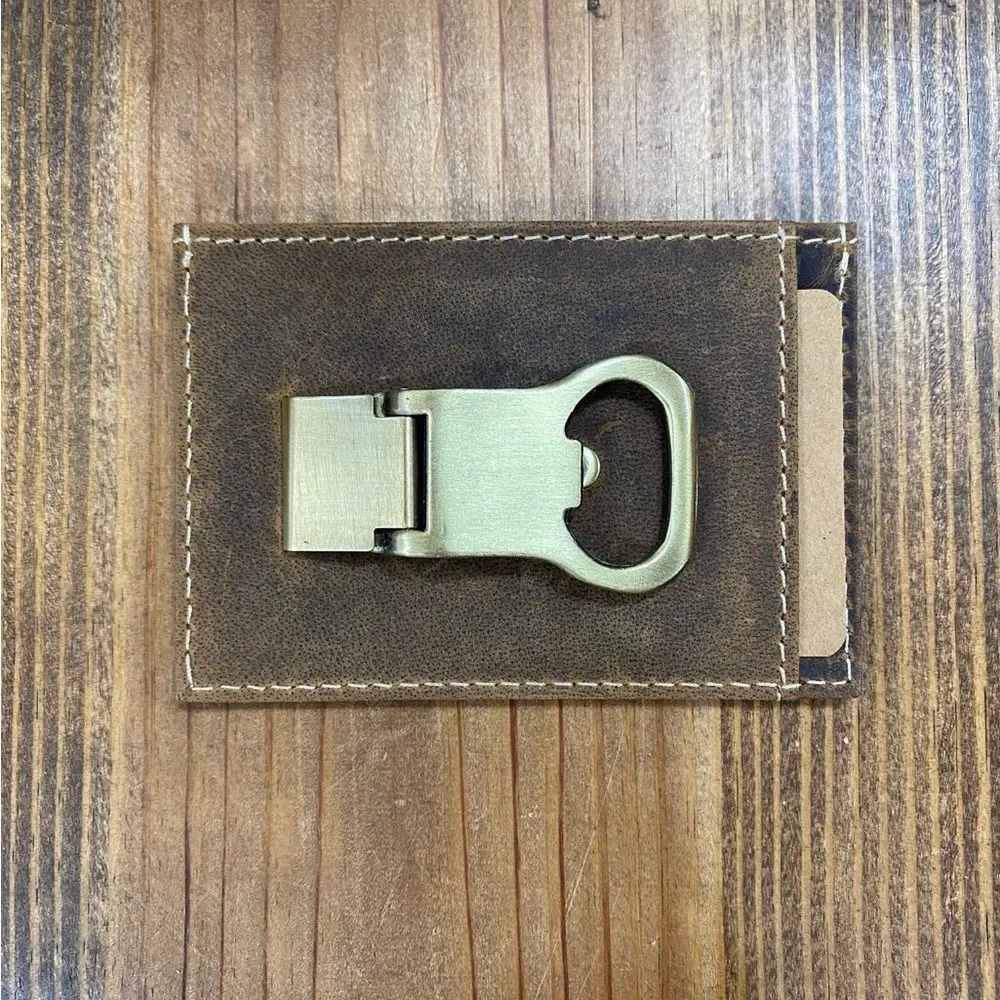 Khaki Brown Front Money Clip Wallet with Integrated Bottle Opener.